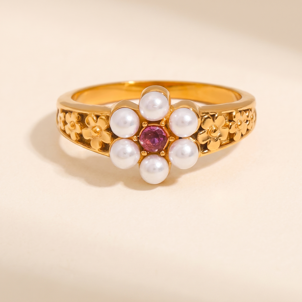 Anillo Flor Rosa Perla con flor de circonitas y detalle rosa