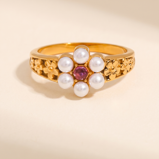 Anillo Flor Rosa Perla con flor de circonitas y detalle rosa