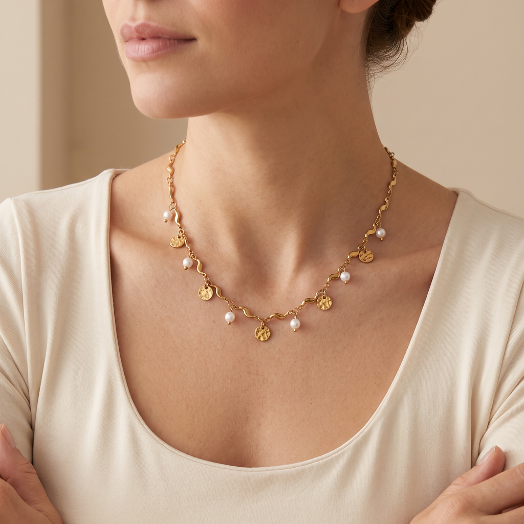 Collar Perlas Blanco con perlas blancas y dijes redondos