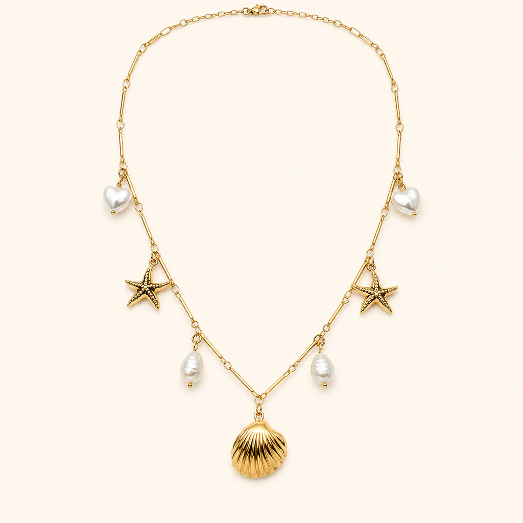 Collar Marea Charms con estrella de mar, conchas y perlas