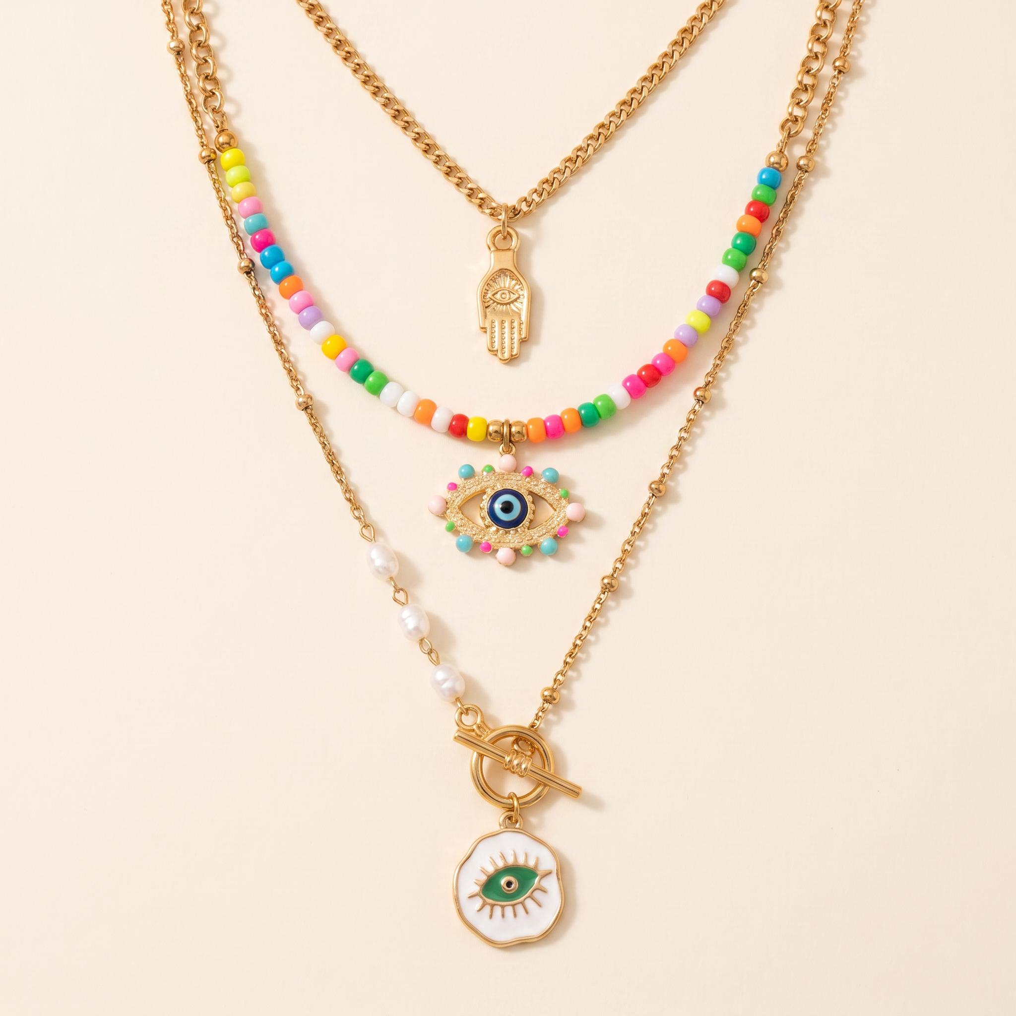 Collar Nazar Trío con tres collares de ojo turco y mano de fátima