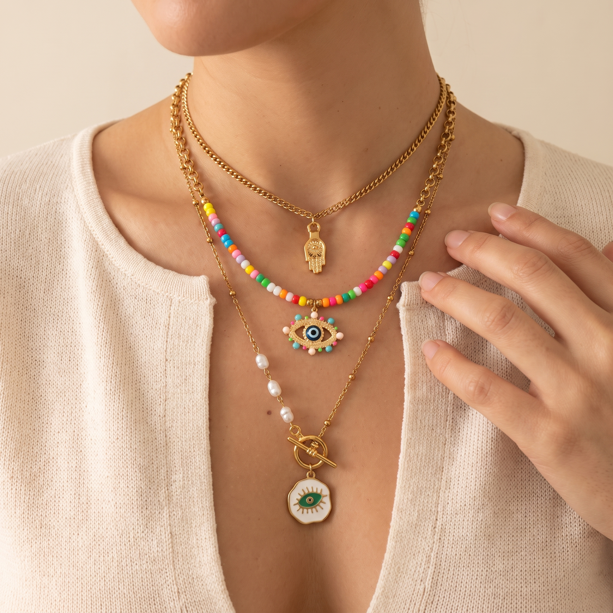 Collar Nazar Trío con tres collares de ojo turco y mano de fátima