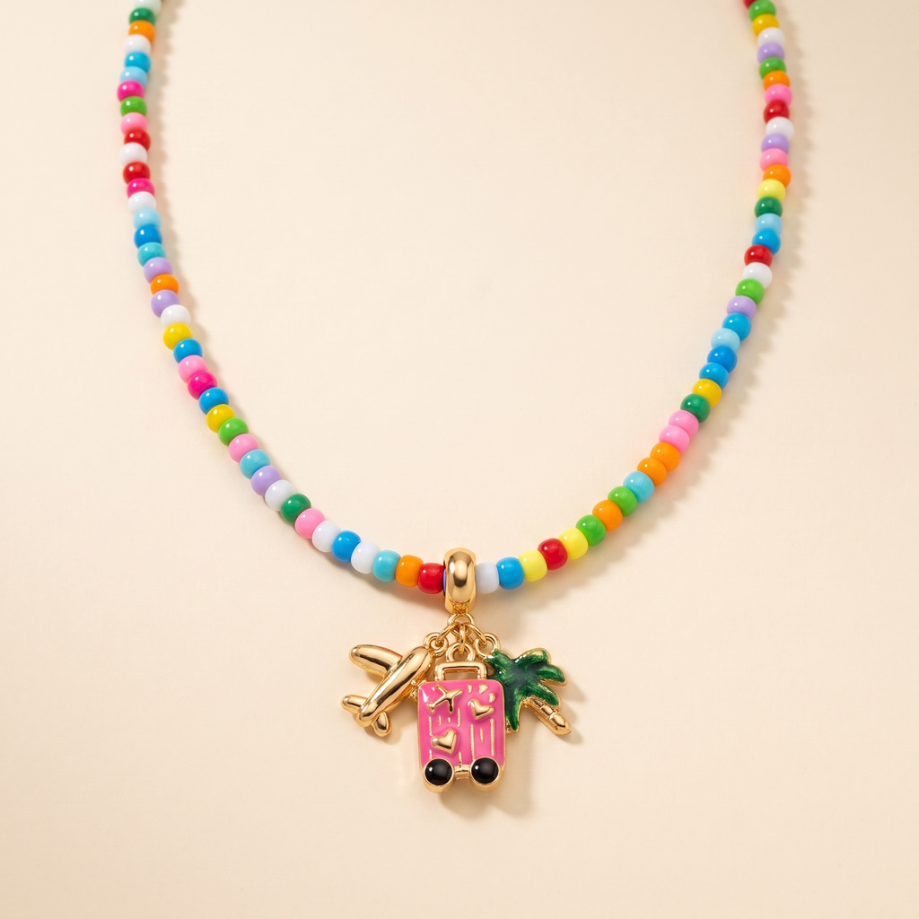 Collar Confetti Avión de mostacilla multicolor con charms de viaje