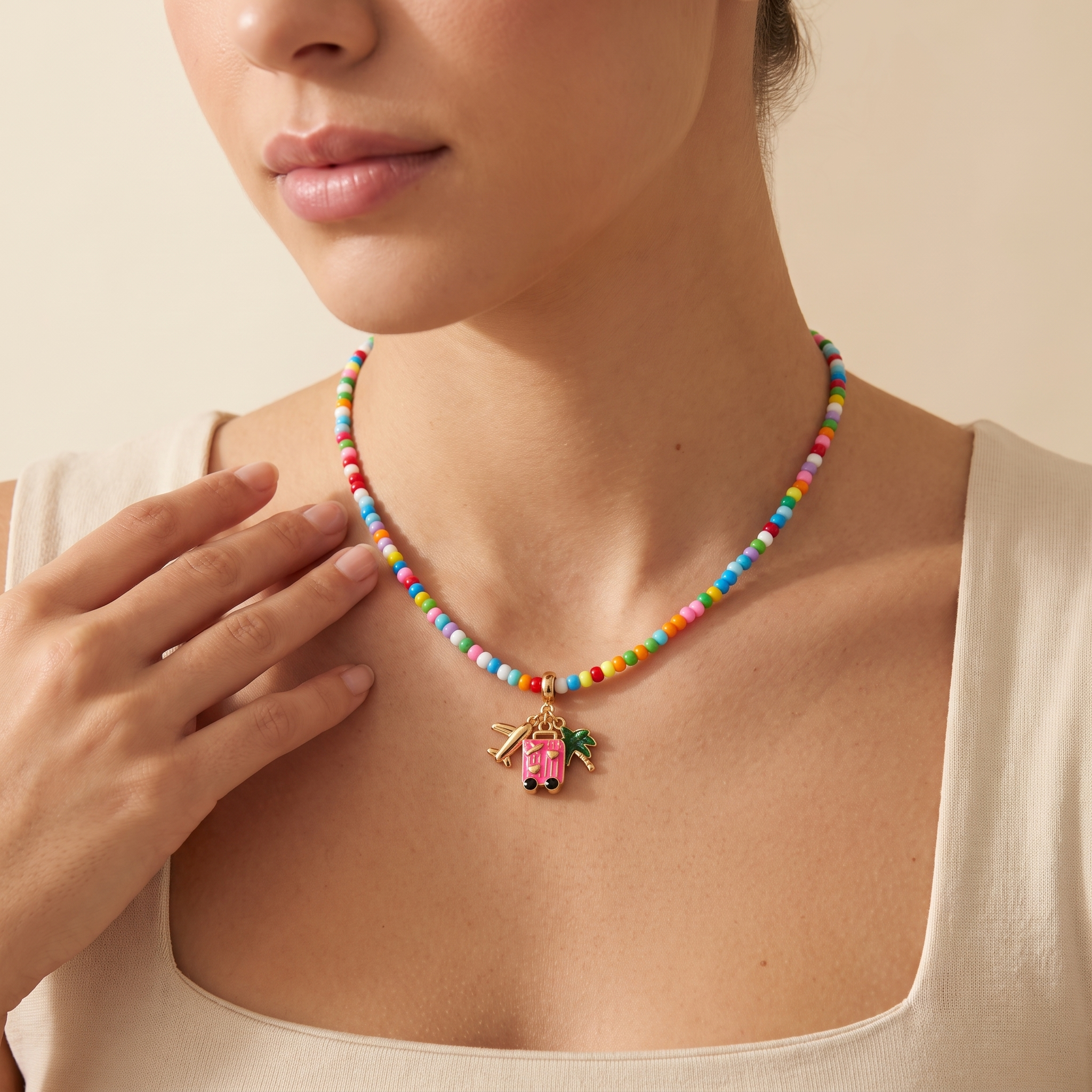 Collar Confetti Avión de mostacilla multicolor con charms de viaje
