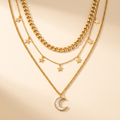 Collar Luna Triple con tres cadenas de estrellas y luna