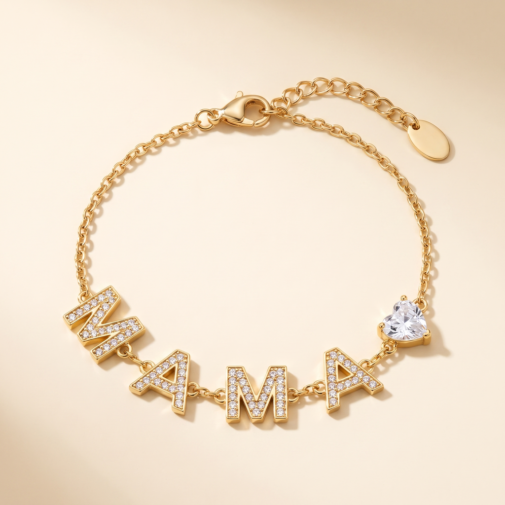 Pulsera Mamá Letras con la palabra mamá en circonitas y corazón