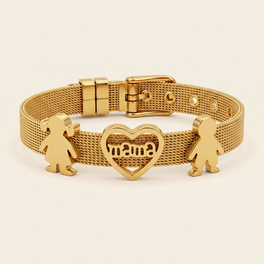 Brazalete Mamá Amor ajustable con corazón mamá y figuras de niño y niña