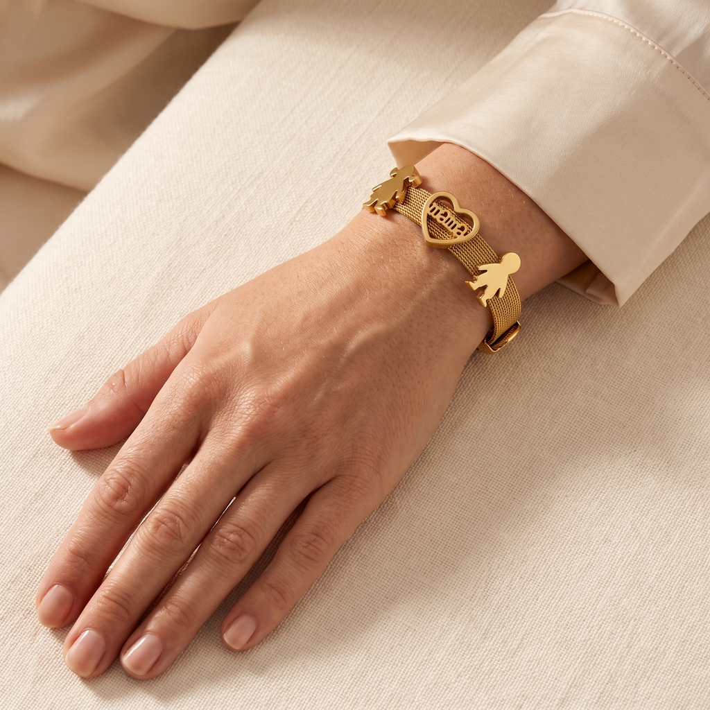 Brazalete Mamá Amor ajustable con corazón mamá y figuras de niño y niña