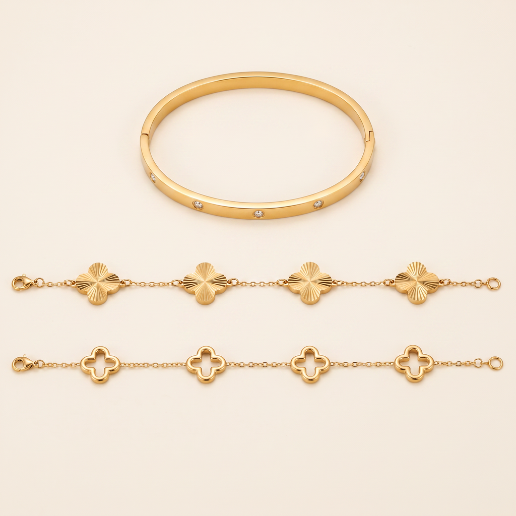 Set Trío Pulseras con brazalete de circonitas y pulseras de flores