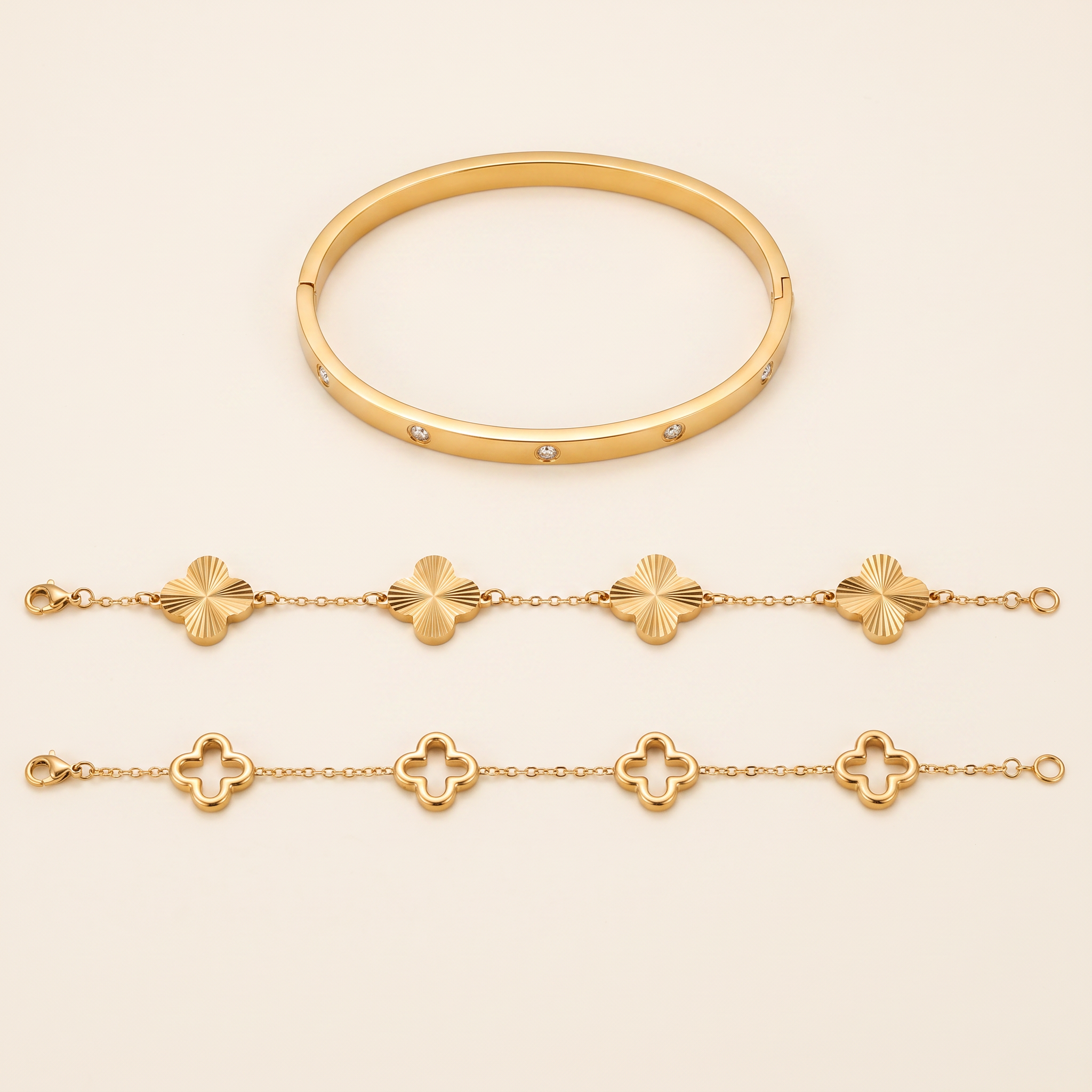 Set Trío Pulseras con brazalete de circonitas y pulseras de flores