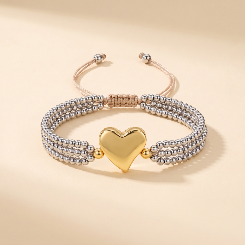 Pulsera Dual Charm Corazón de mostacilla plateada con dije de corazón
