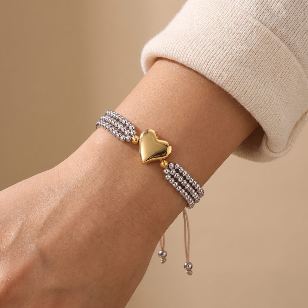 Pulsera Dual Charm Corazón de mostacilla plateada con dije de corazón