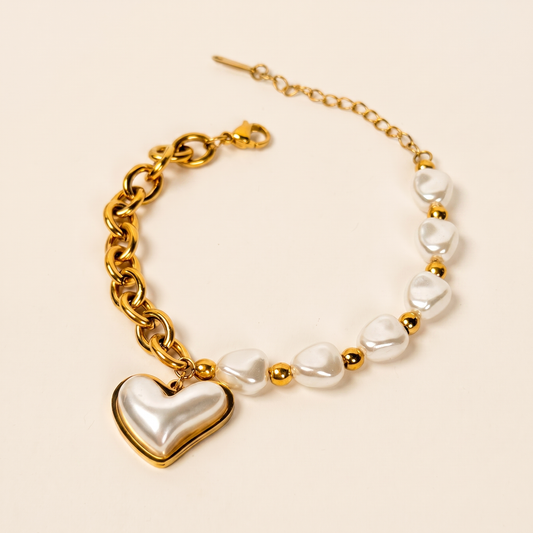 Pulsera Perla Barroca con perlas blancas y corazón de perla