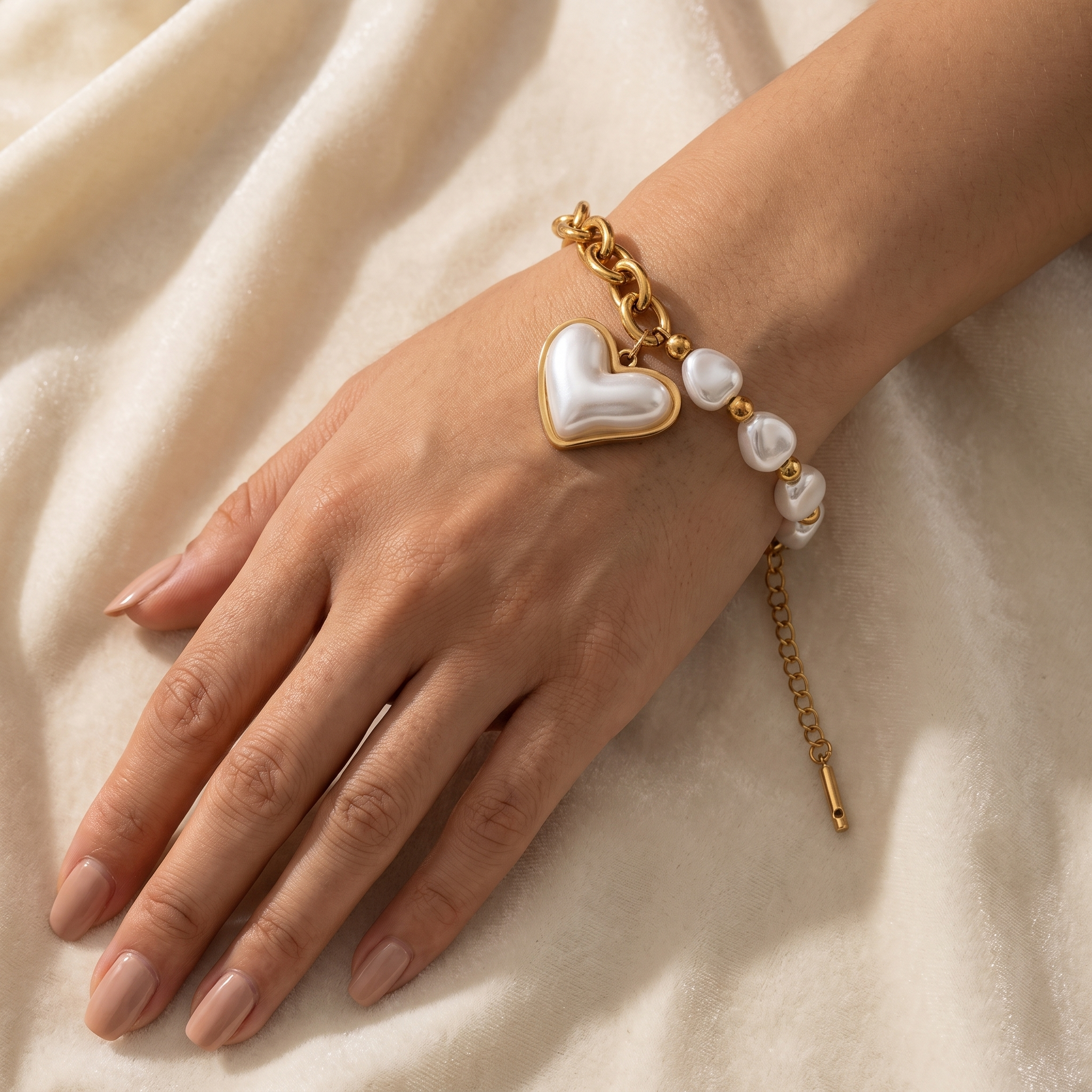 Pulsera Perla Barroca con perlas blancas y corazón de perla