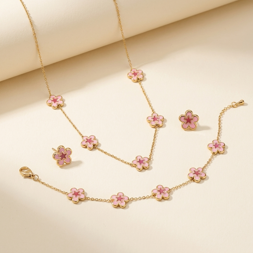 Set Dalia Rosa con collar, pulsera y pendientes de flores rosadas