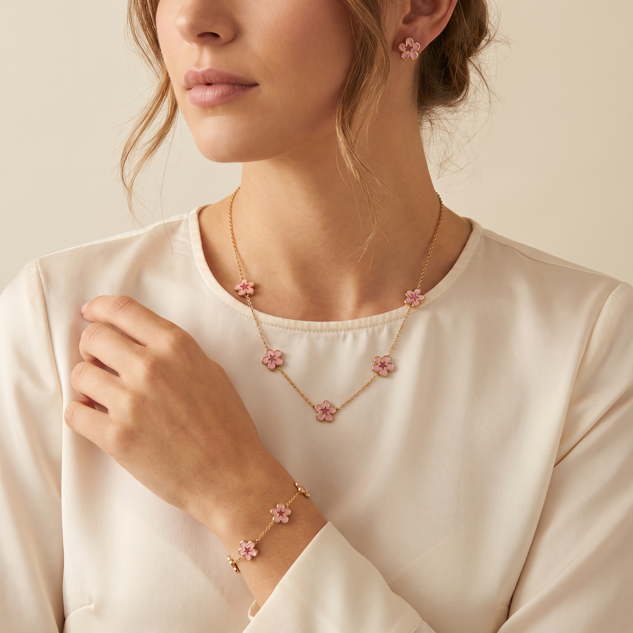 Set Dalia Rosa con collar, pulsera y pendientes de flores rosadas