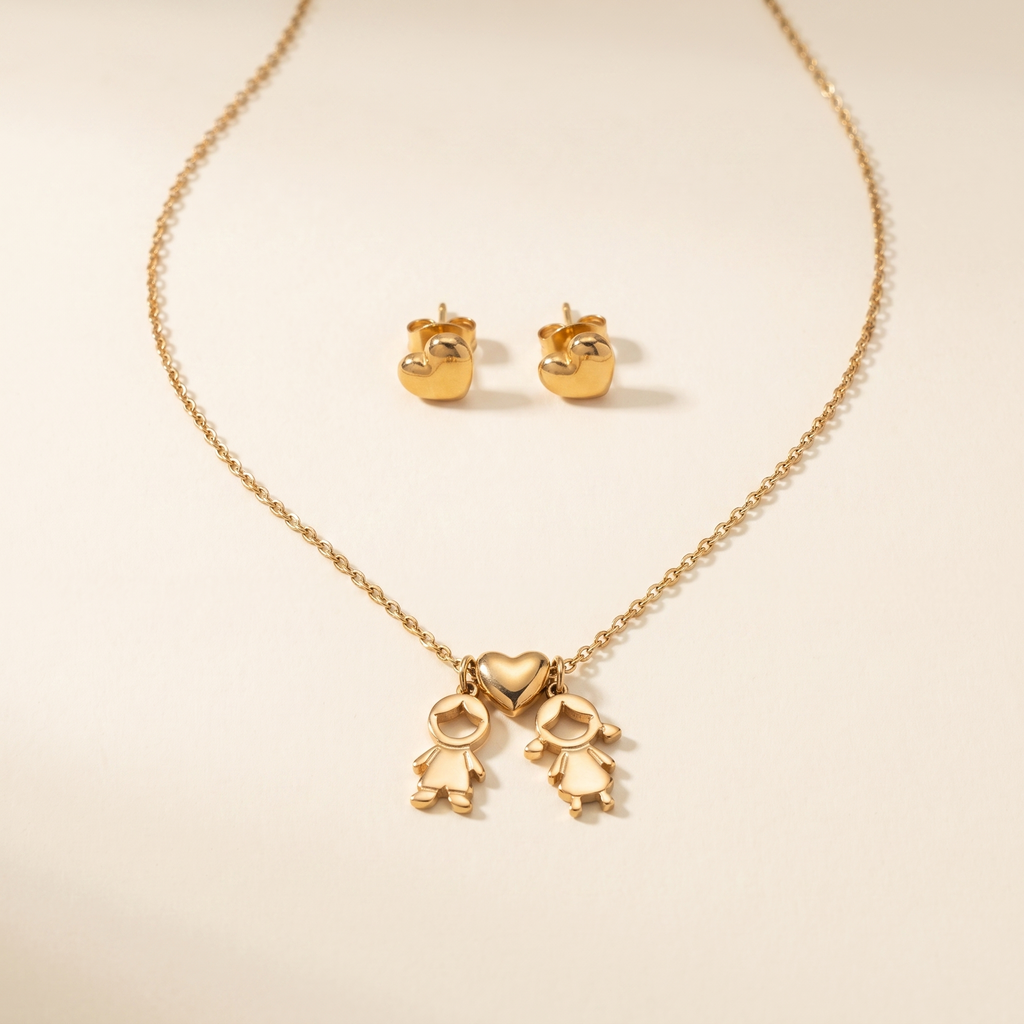 Set Duo Amor con collar y pendientes de corazón dorados