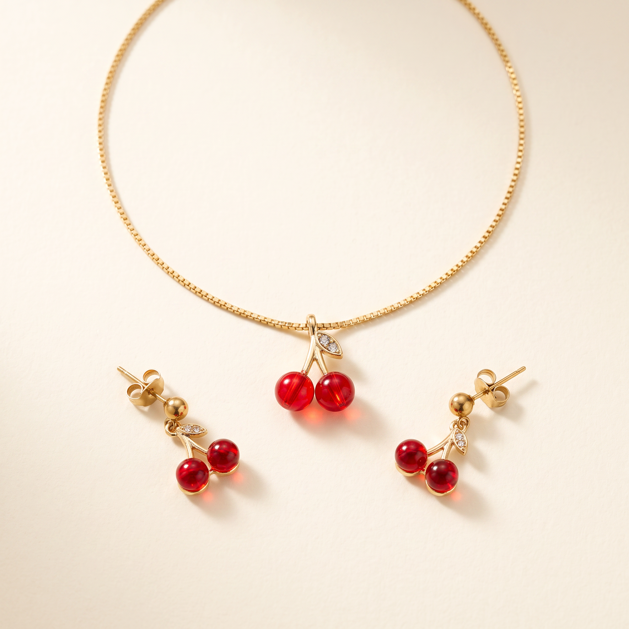 Set Cerezas con collar y pendientes de cerezas de vidrio y circonitas