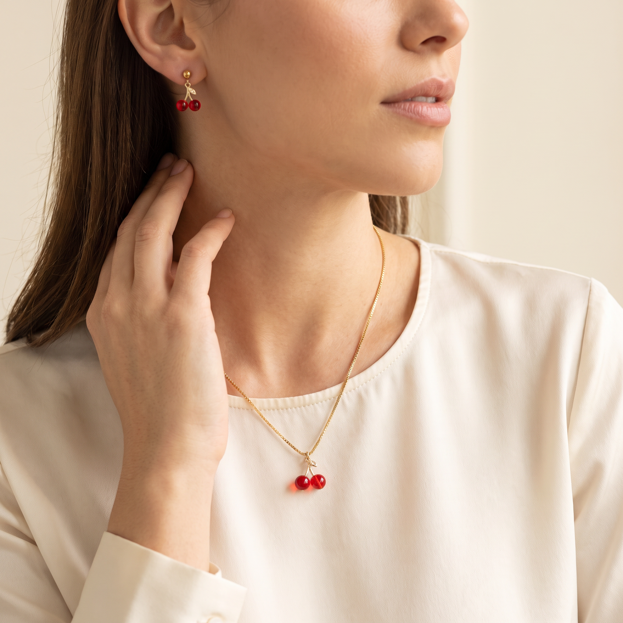 Set Cerezas con collar y pendientes de cerezas de vidrio y circonitas