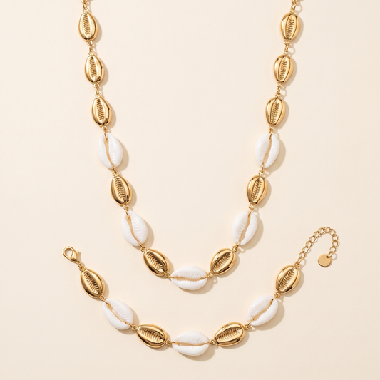Set Marea Blanco con collar y pulsera de conchas doradas y blancas