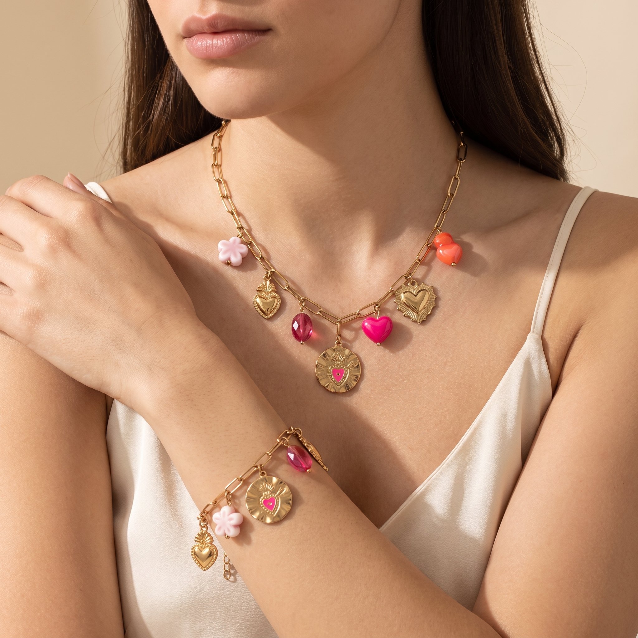 Set Charms Dorado con collar y pulsera de charms de corazón