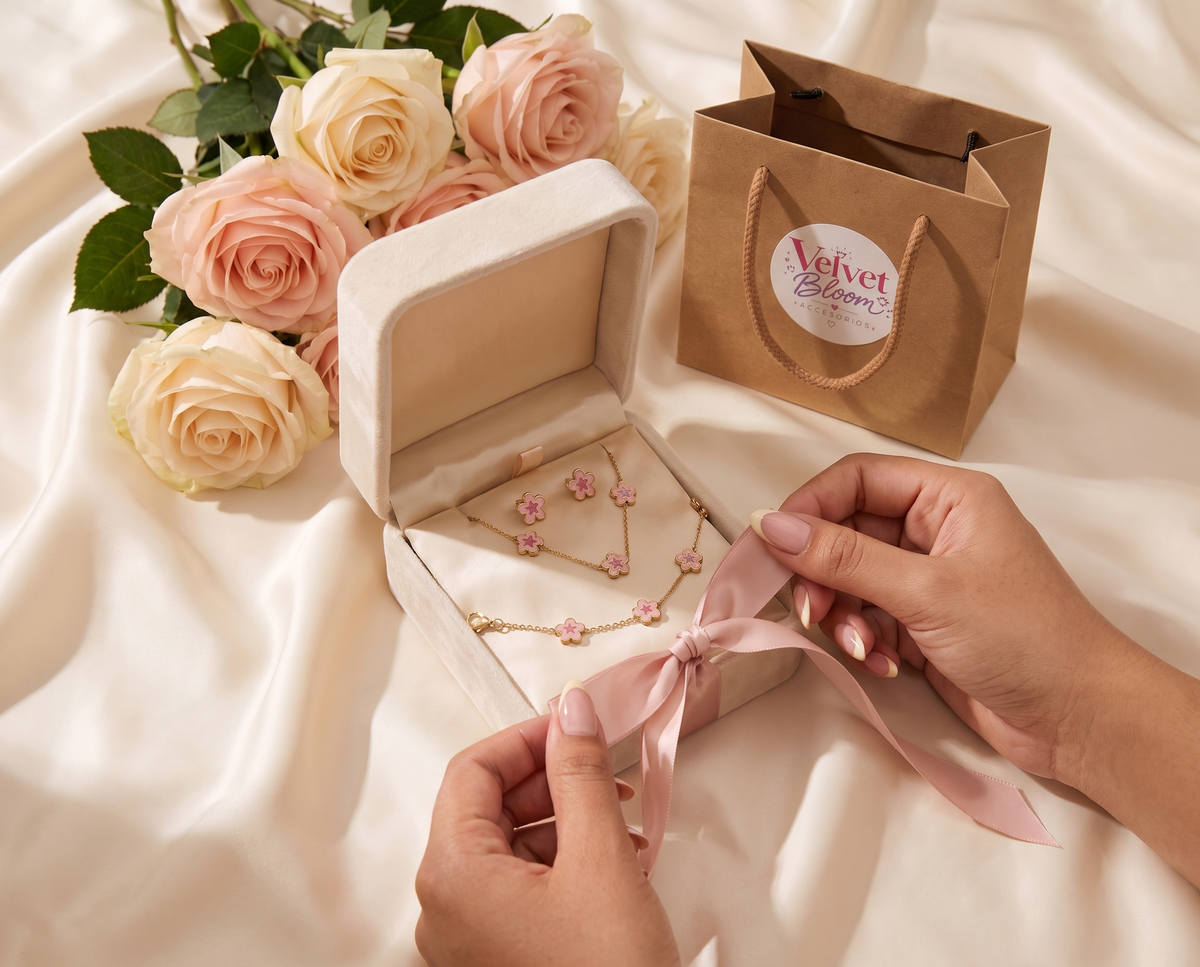 Presentación de regalo Velvet Bloom con caja, lazo, flores y bolsa