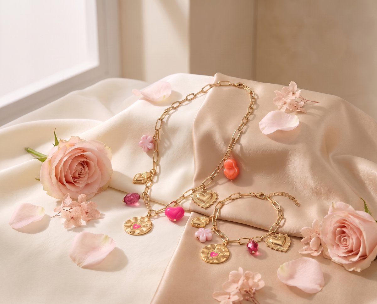 Set de collar y pulsera dorados con detalles rosas